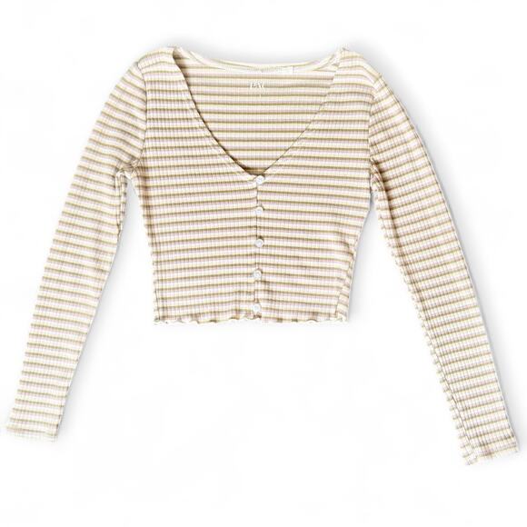 PacSun Y2K Pastel Stripe Ribbed Cropped Lettuce Henley Button Long Sleeve Top S - Picture 1 of 7